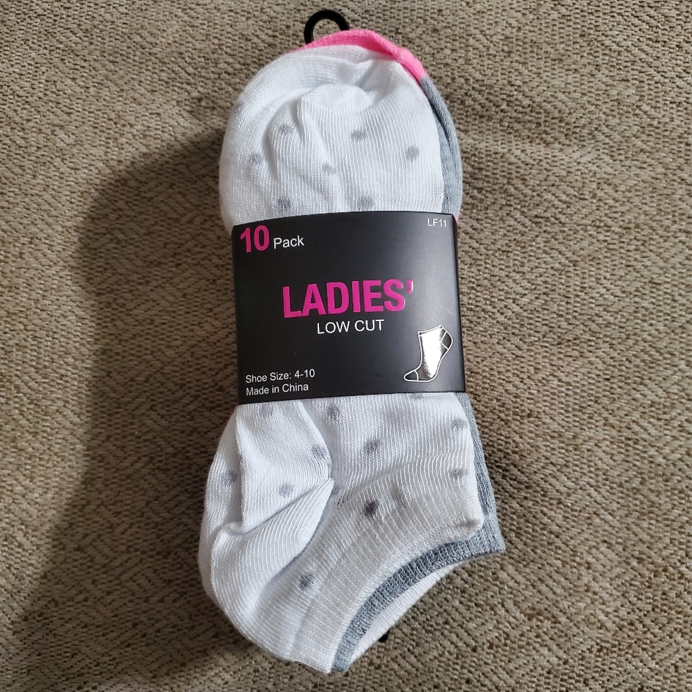 New 10 Pack Ladies' Low Cut Socks White With Polka Dots & Stripes Size 4-10